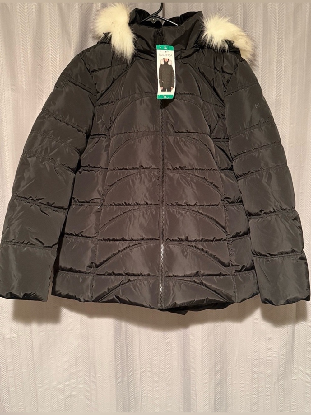 Nautica Black Quilted Puffer Coat with Faux Fur Hood Trim